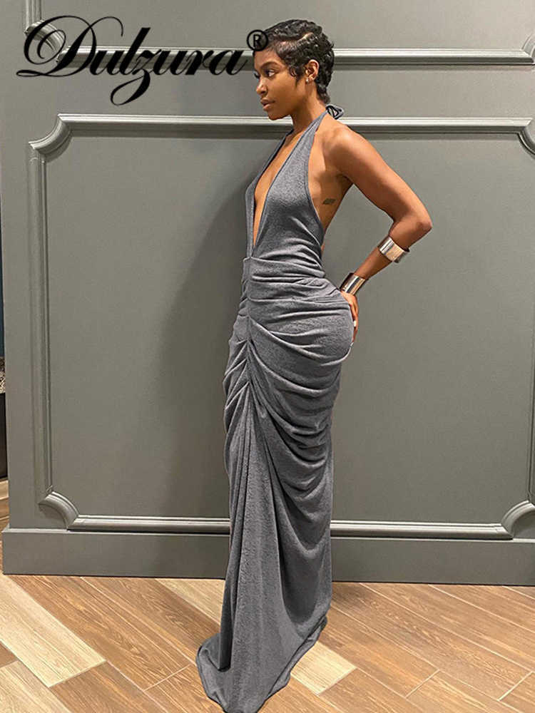 Casual Dresses Dulzura Elegant Ruched Y2K Clothes Lace Up Sleeveless Backless Bodycon Maxi Dress For Women 2022 Outfits Club Party Evening Prom T23021