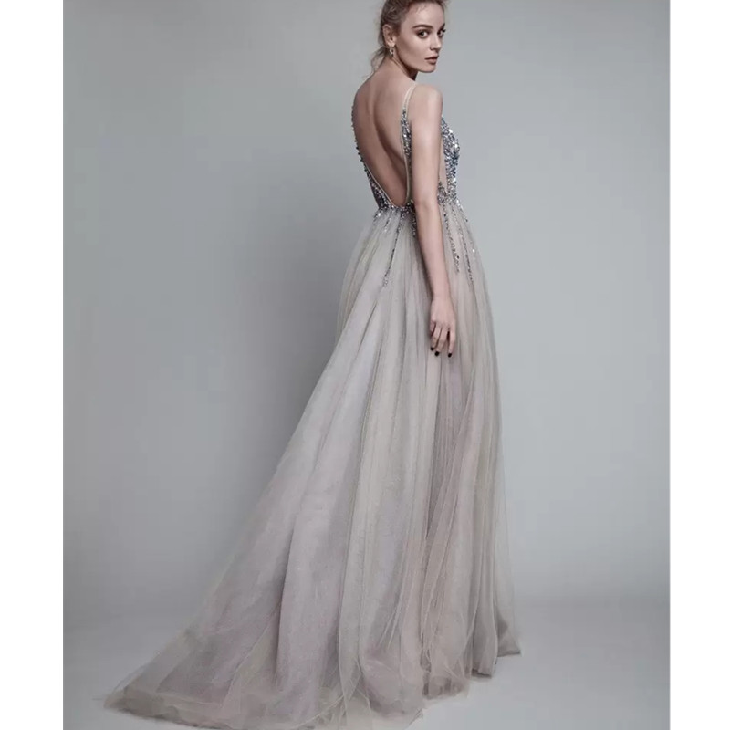 Sexy 2023 Berta Dresses Evening Wear Deep V-Neck Backless Sequins Formal Gowns Beaded Illusion A-E Party Dress