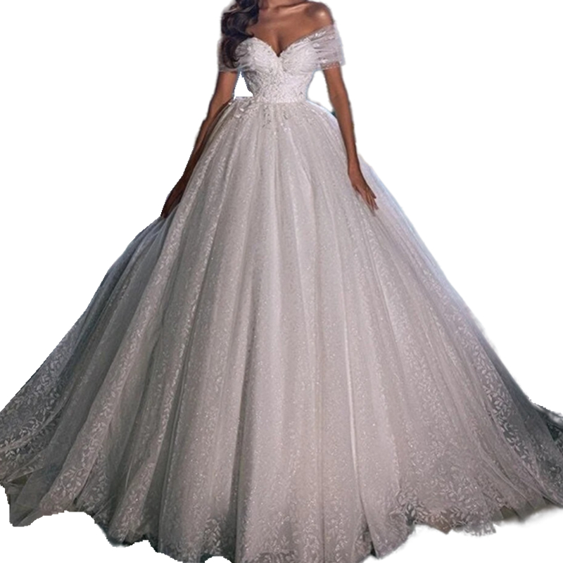 Luxury Shiny Lace Ball Gown Wedding Dresses Princess Off Shoulder Ivory Bridal Dress Chapel Train Vestido De Novia