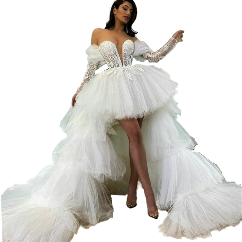 Puffy Tiered High Low Wedding Dress Off Shoulder Long Sleeves Lace Appliqued Ivory Tulle Bridal Gowns 2 In 1 Detachable Train Short Bride Dresses