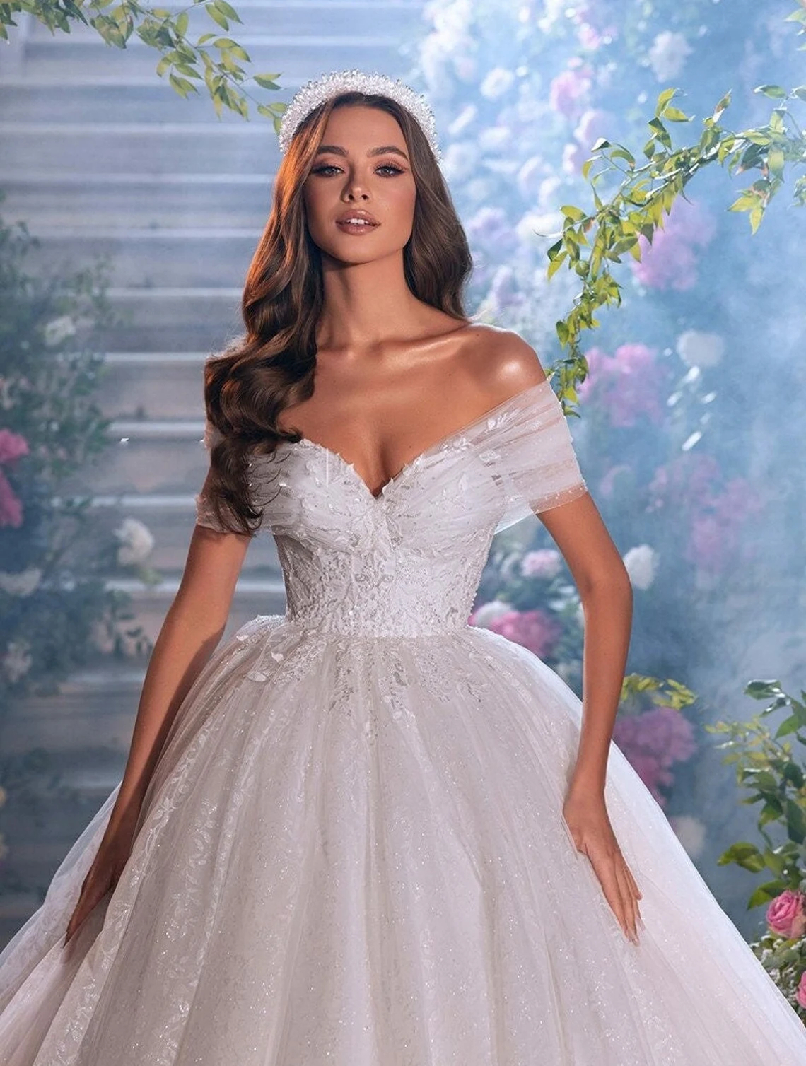 Luxury Shiny Lace Ball Gown Wedding Dresses Princess Off Shoulder Ivory Bridal Dress Chapel Train Vestido De Novia