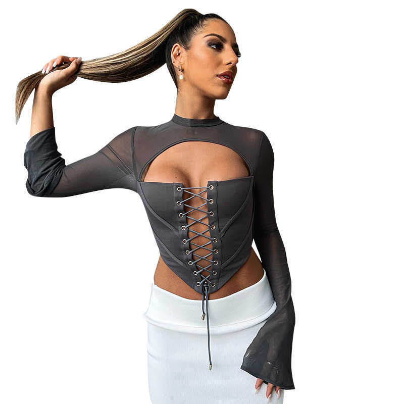 Women's T-Shirt Women's fashion shirts summer New Solid Casual Backless Round Neck Long Sleeve Strap Mesh Slim Top