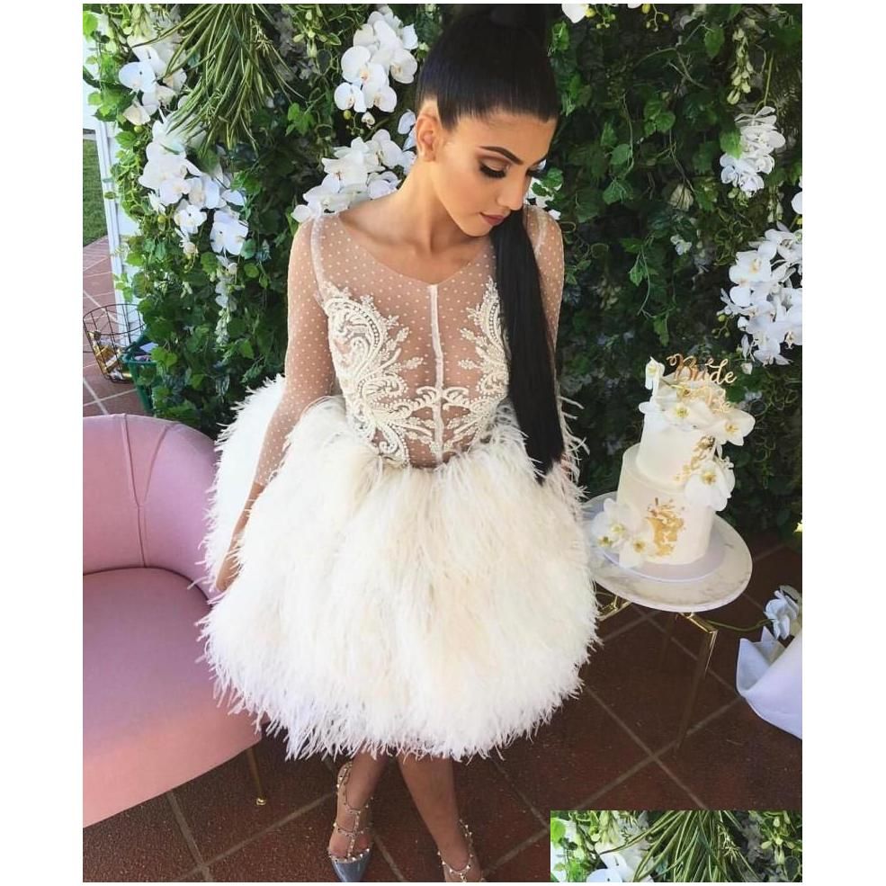 Sleeves 2023 3/4 Long Prom Dresses Lace Applique Beaded Feather Mini Custom Made Ruched Evening Party Gowns Vestidos Formal Ocn Wear Plus Size