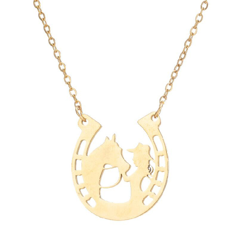10PCS Lucky Cowgirl Horseshoe Necklace Cowboy Horse Head Shoe Hoof Initial Letter U Shape Charm Pendant Stainless Steel Choker Collar for Women