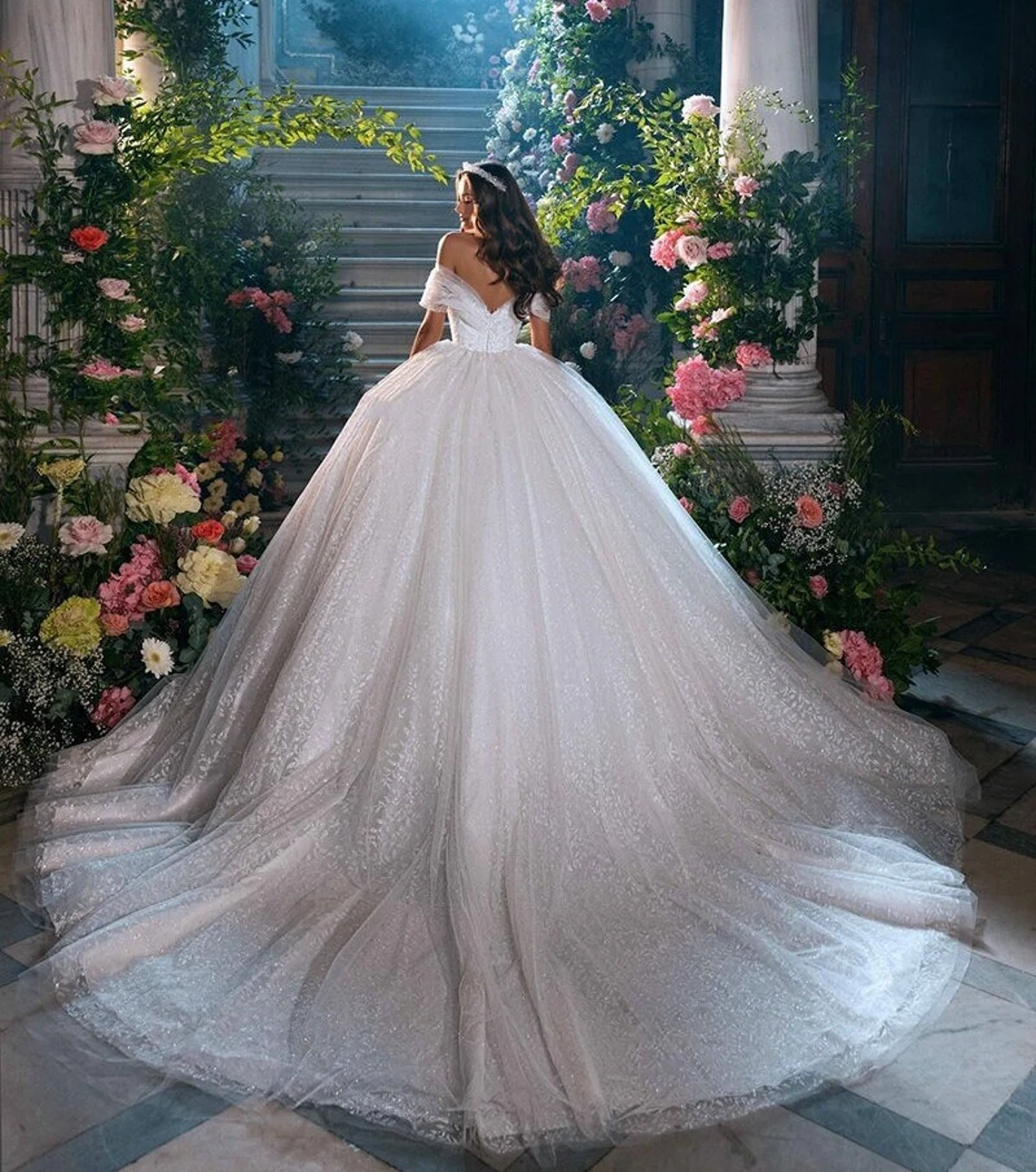 Luxury Shiny Lace Ball Gown Wedding Dresses Princess Off Shoulder Ivory Bridal Dress Chapel Train Vestido De Novia