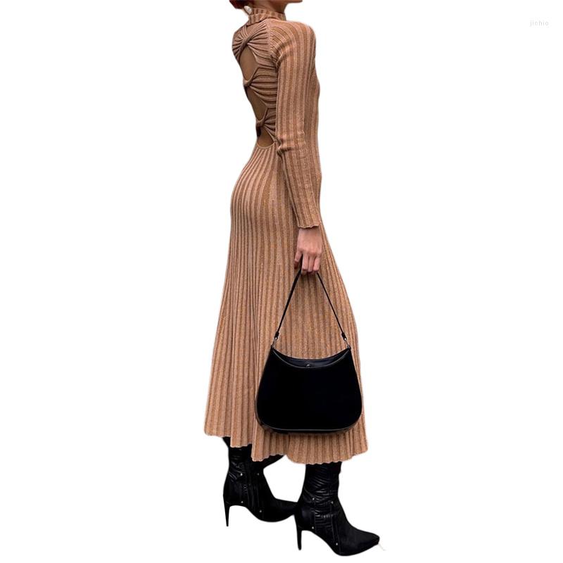 Casual Dresses Autumn Spring Knitted Bodycon Dress Women Solid Color Party Long Sleeve Slim Pleated Vestidos Female
