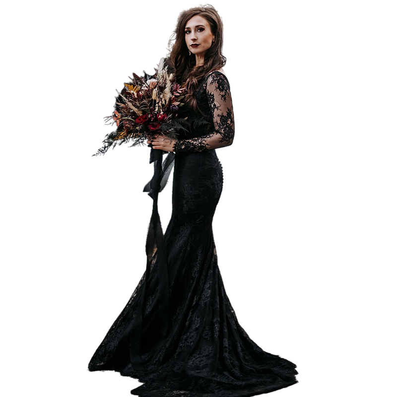 Gothic Style Black Lace Mermaid Wedding Dresses Long Sleeve Backless Country Bridal Gowns V-Neck Vintage Bride Dress Custom Made 2023