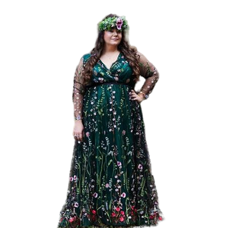 Plus Size Bohemian Wedding Dress Green And Black V-Neck A Line Empire Waist Bridal Dresses Floor Length Long Sleeves Floral Lace Bride Gowns Custom Ma
