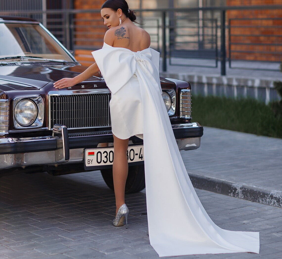 Sexy Boho Short Wedding Dress With Big Bow 2023 Elegant Bohemian Beach Bride Dresses 2 In 1 Sweetheart Satin Country Civil Bride Skirt Hippies Women v