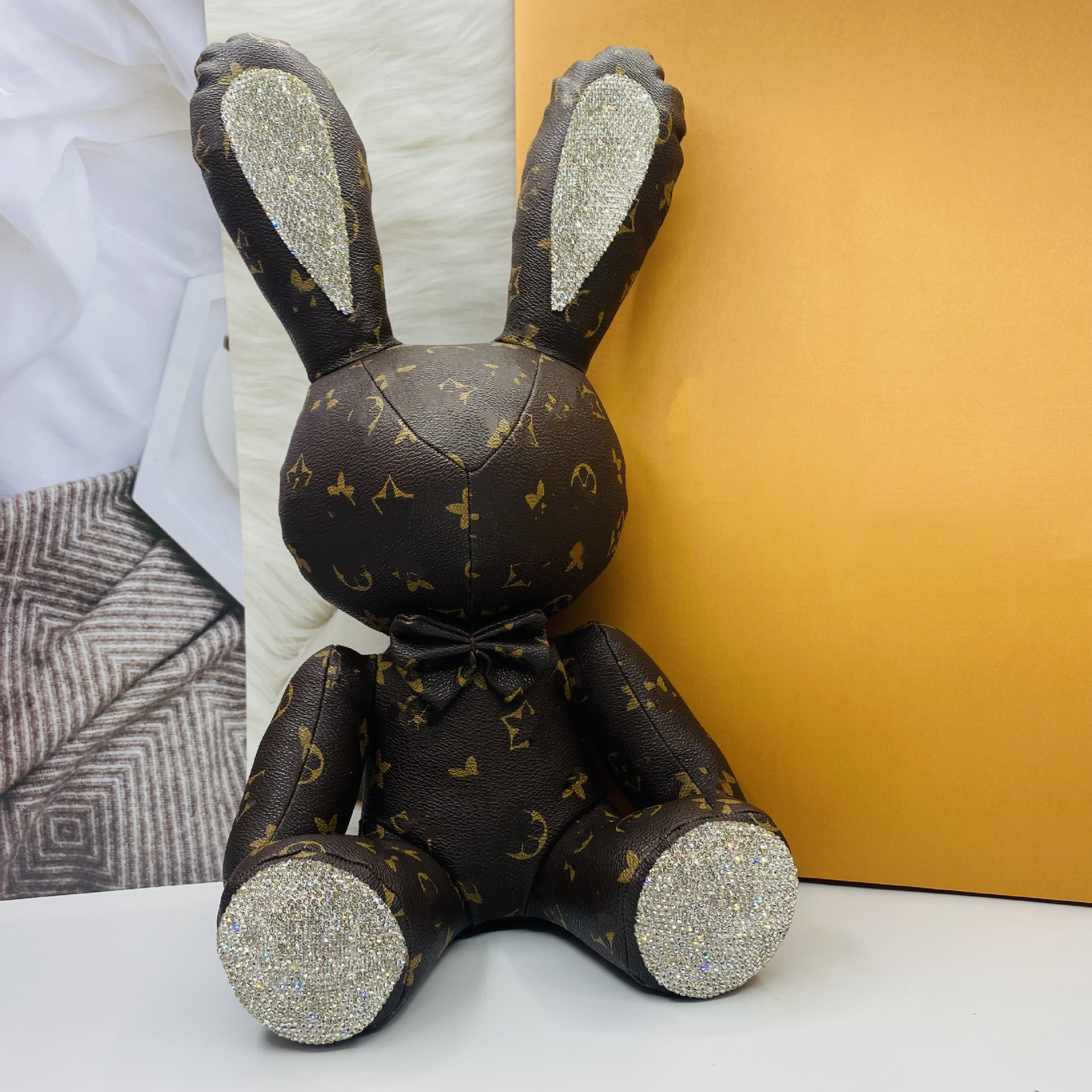 new 38cm Stuffed Bunny Dolls Keychain Ring Cute Dia Rhinestone Rabbit Animal Plush Toys PU Leather Brown Flower Cartoon Xmas Birthday Gifts for Women Kids