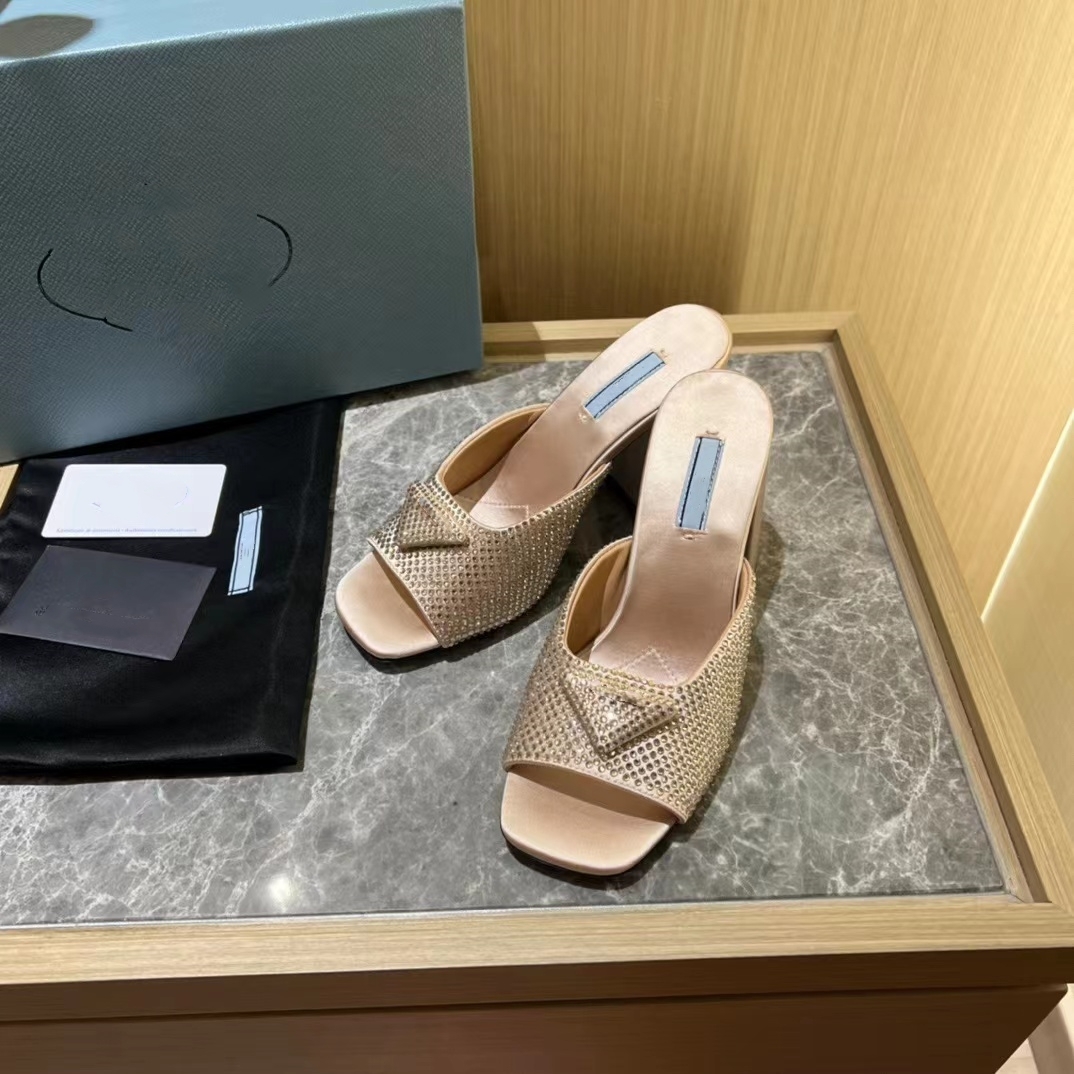 Rhinestone slippers classic womens high heeled dress shoes luxury designer buckle decoration 9CM thick heel beach sandals 35-42 with box f