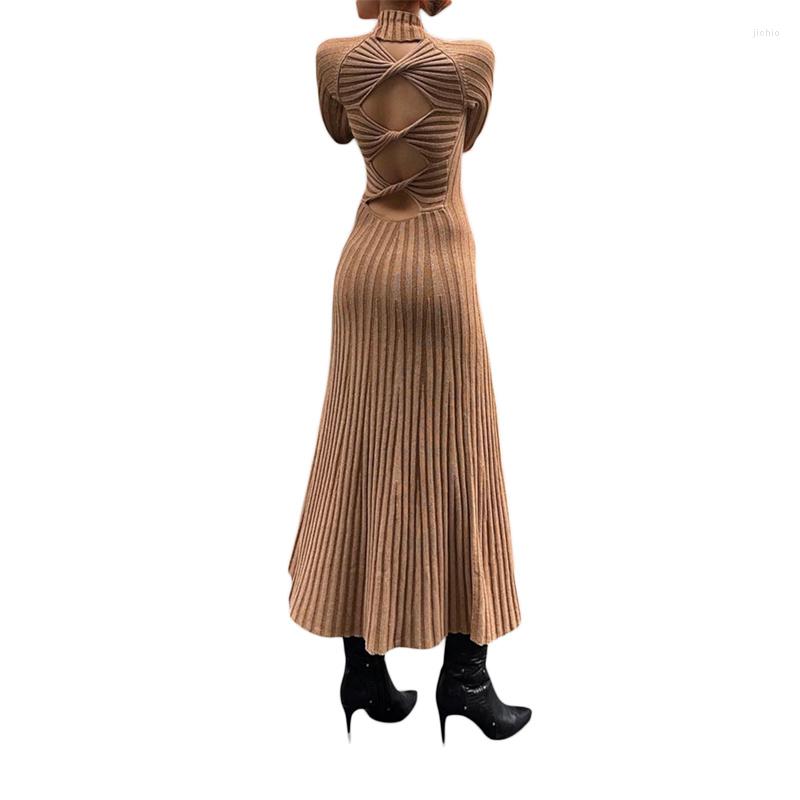 Casual Dresses Autumn Spring Knitted Bodycon Dress Women Solid Color Party Long Sleeve Slim Pleated Vestidos Female
