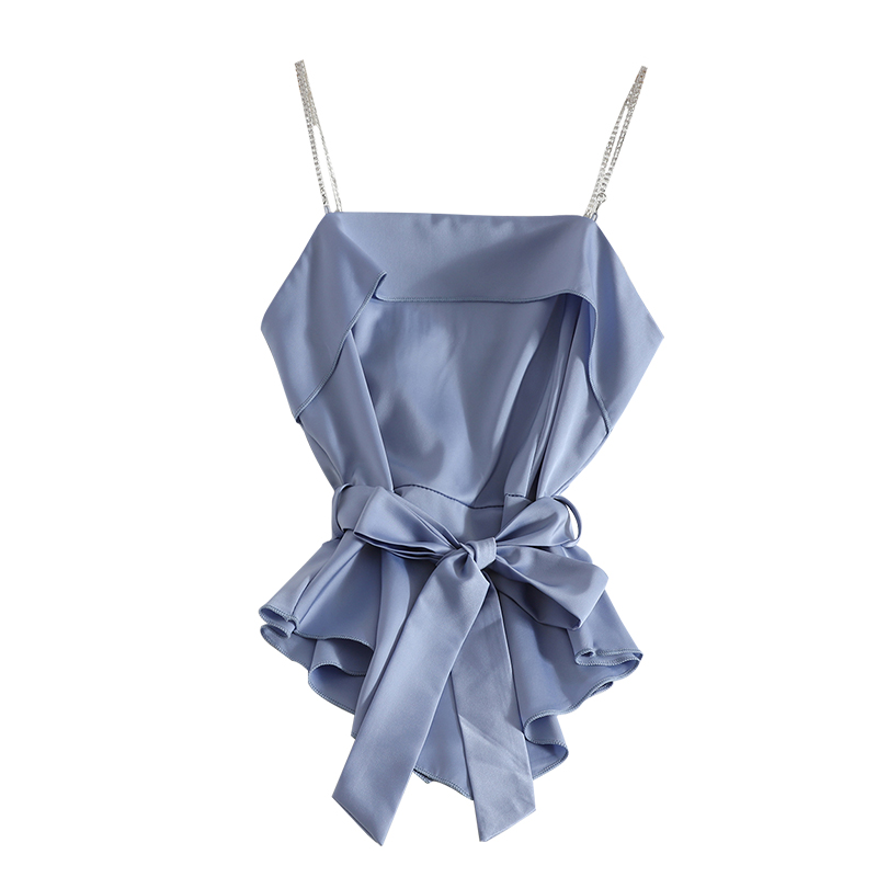 Womens spaghetti strap satin fabric sashes slim waist asymmetric bottom tanks camis solid color