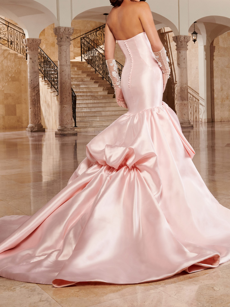 Fancy Pink Satin Wedding Dress Mermaid Court Train Bridal Gowns Sweetheart Sleeveless Buttons Back