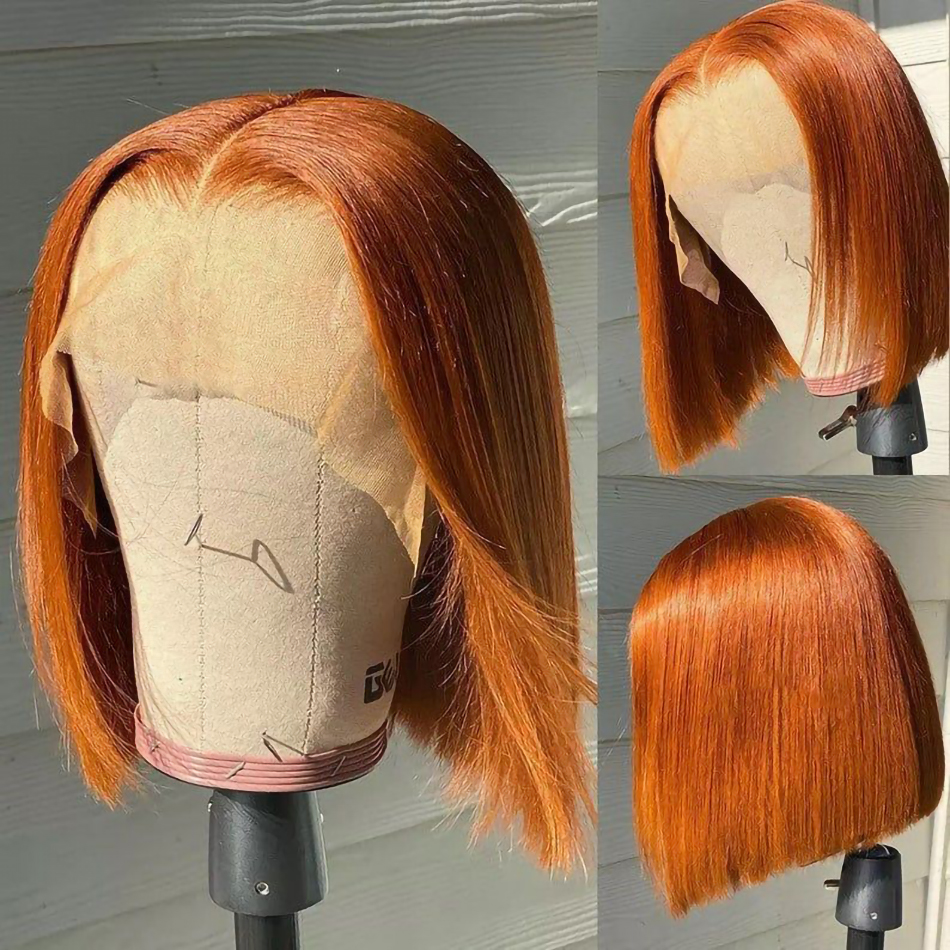 

Orange Ginger Straight Bob Wig Transparent Lace Front Human Hair Wigs For Women Short Highlight Wig Synthetic, Lace front wig