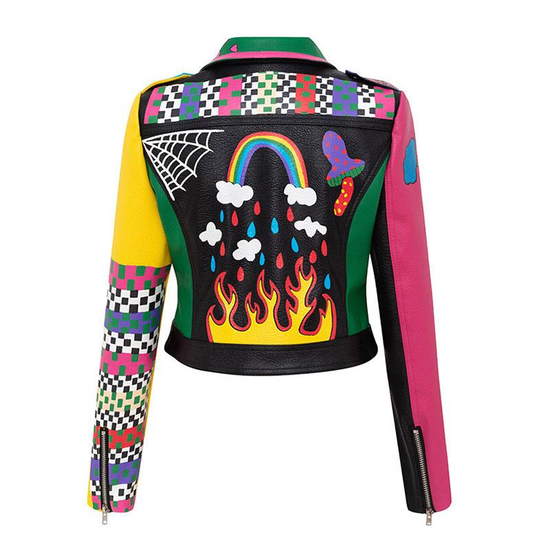 Women's Jackets Women Club Style Graffiti Pattern Pu Leather Jacket For Fire And Rainbow Print Woman Motorcycle Short Outwear