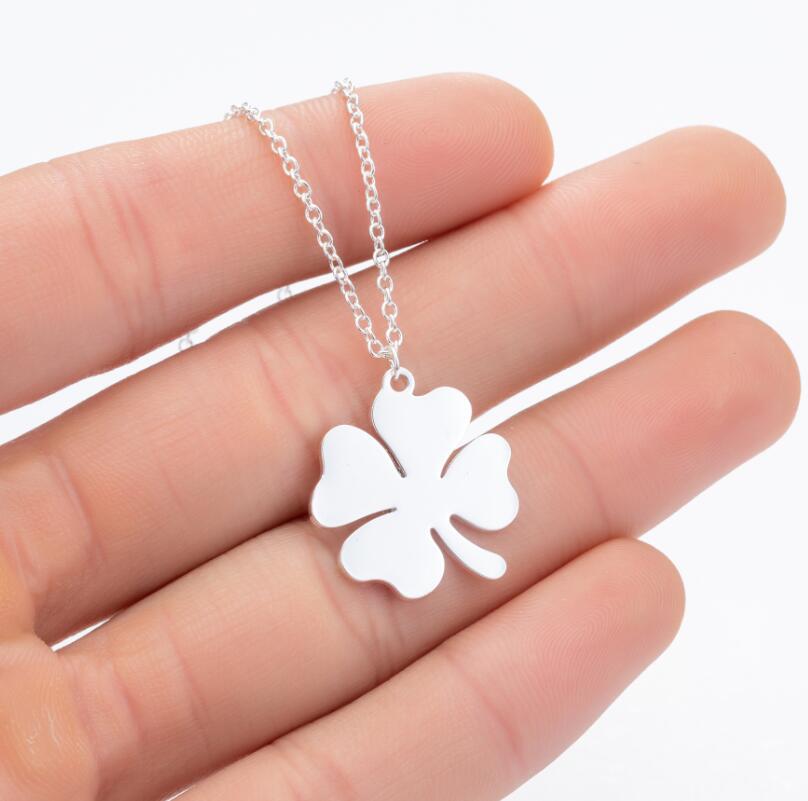10PCS Flower Four 4 Leaf Clover Pendant Necklace Stainless Steel Fashion Lucky Hollow Outline Pendant Chain Choker Collier Women Jewelry