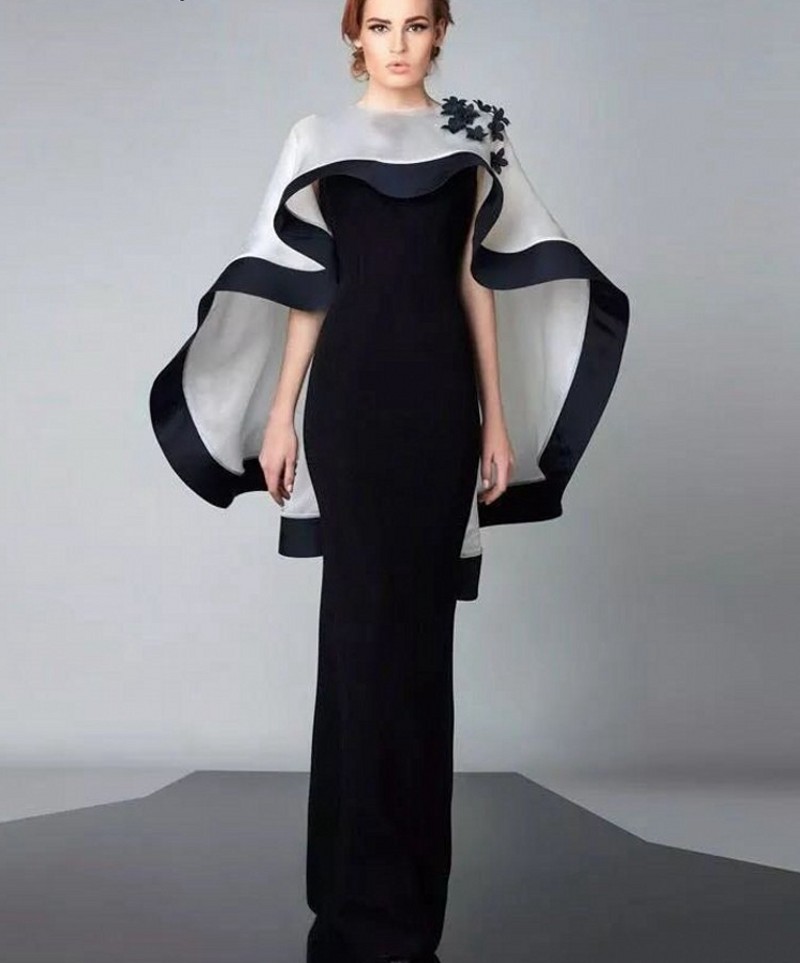 Elegant Black Mermaid Evening Dresses with Cape O-neck Flowers Satin Long Prom Formal Gown Robe de Soiree 2023 New