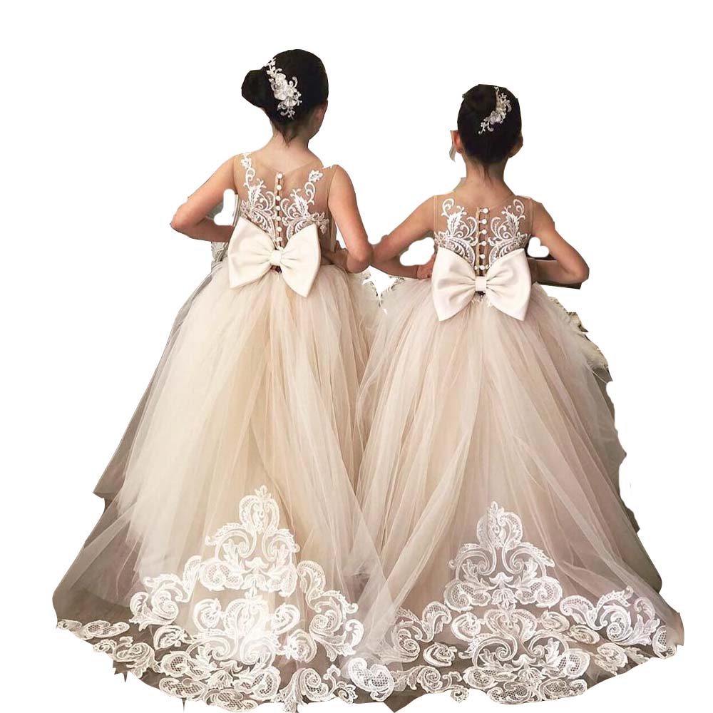 Light Champagne Flower Girl Dresses Jewel Neck Ball Gown Lace Appliques With Bow Kids Girls Pageant Dress Sweep Train Birthday Gowns Sleeveless
