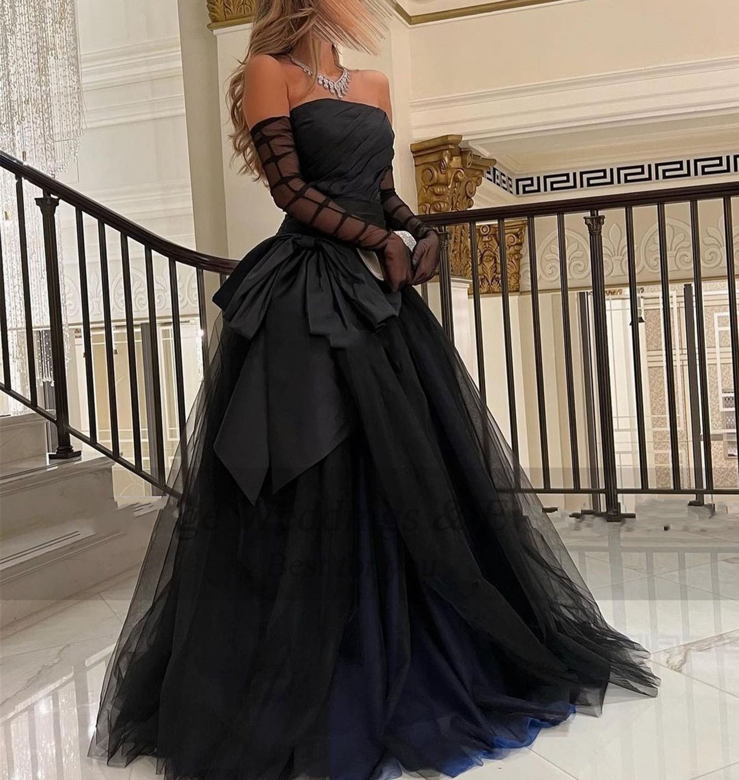 Black Saudi Arabia Prom Dresses 2023 Tulle Satin Pleats Bow Strapless Long Evening Formal Gown Vestidos De Feast