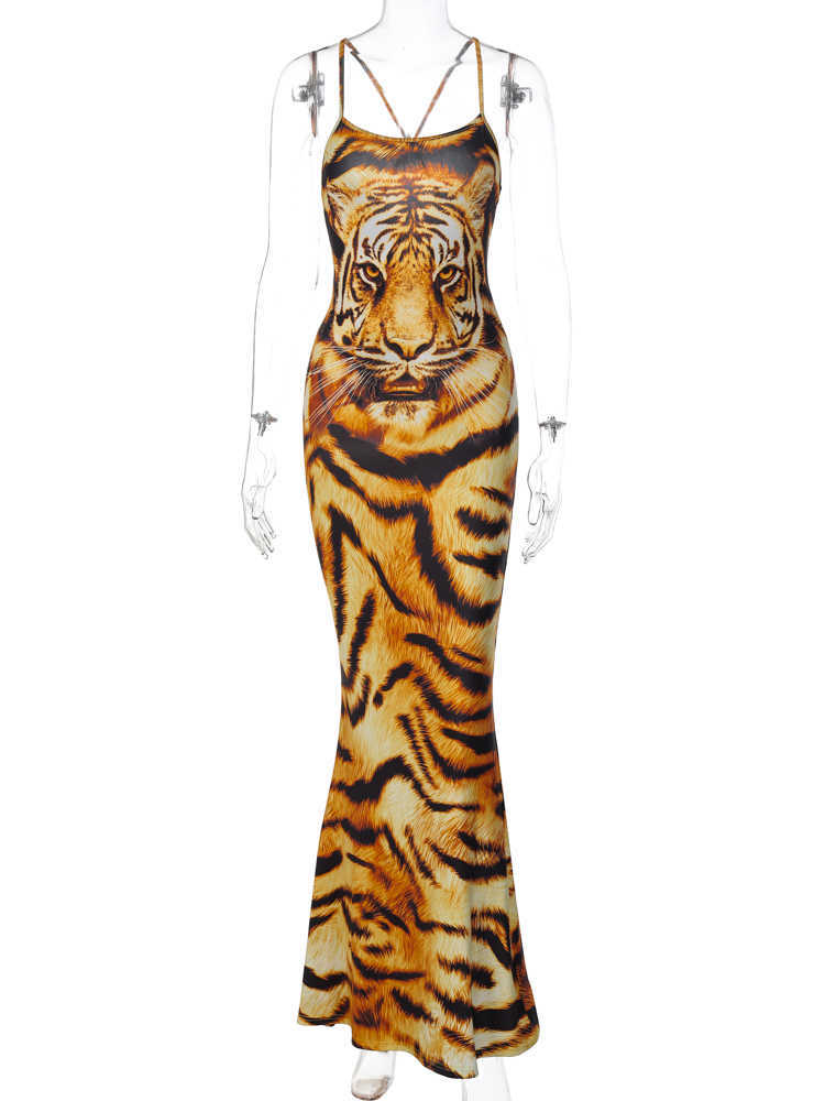 Party Dresses Hugcitar Tiger Print Sleeveless Backless Bandage Slips Maxi Dress Sexy Bodycon Summer Fashion Clothes Streetwear Party Wholesale T230210