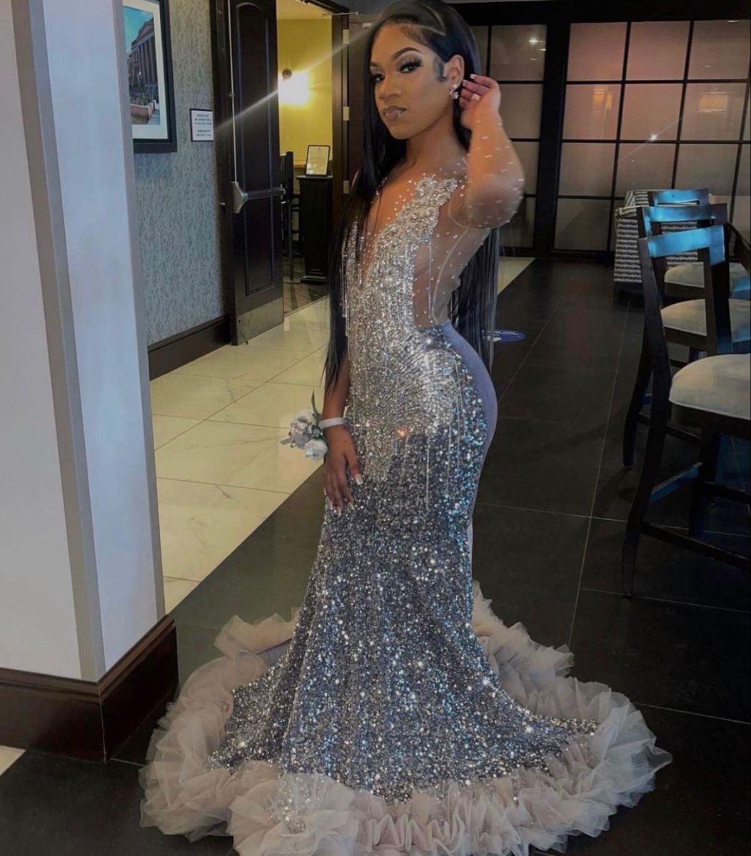 Shinning Silver Sequin Evening Dress 2023 With Beaded Elegant Long Sleeve Black Girls Mermaid Prom Dresses Sparkly Party Dresses Luxury Formal Occasio