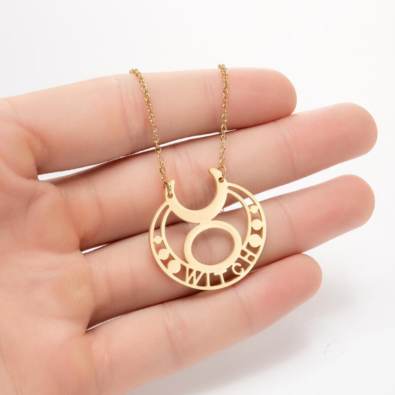 WITCH Letter The God Sign Symbol Necklace Stainless Steel Korean Minimalist Cute Hecate Moon Shape Pendant Choker Collier for Women