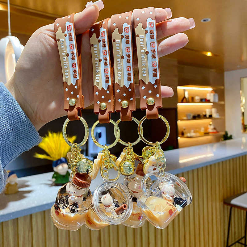 Key Rings Cartoon Acrylic Bear Milk Tea Cup Keychain Trend Lollipop Mug Drink Bottle Keyring Cute Bag Car Key Pendant for Girl Friends G230210
