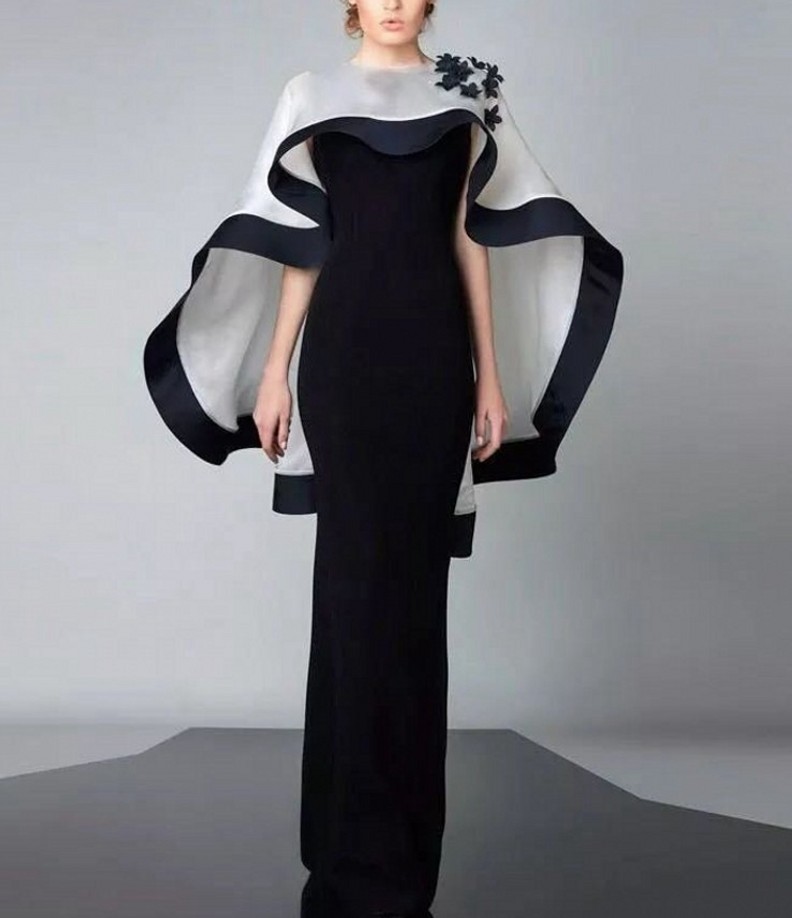 Elegant Black Mermaid Evening Dresses with Cape O-neck Flowers Satin Long Prom Formal Gown Robe de Soiree 2023 New