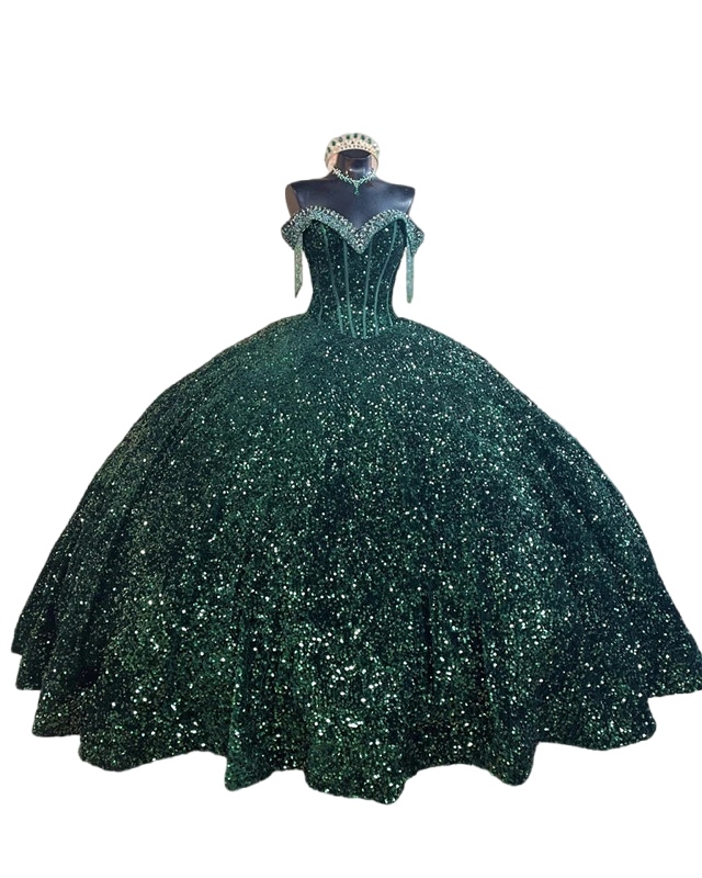 Hunter Green princess Quinceanera Dresses 2023 Beaded Tassels Off Shoulder lace-up corset prom vestidos de quinceanera mexicana