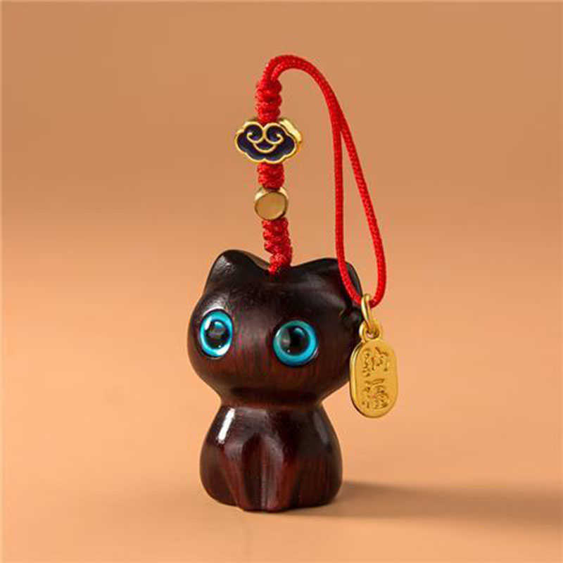 Key Rings New Sandalwood Wooden Cat Keychain Anime Cute Mobile Phone Chain Wooden Pendant Personality Creative Accessories Hand-knitted G230210