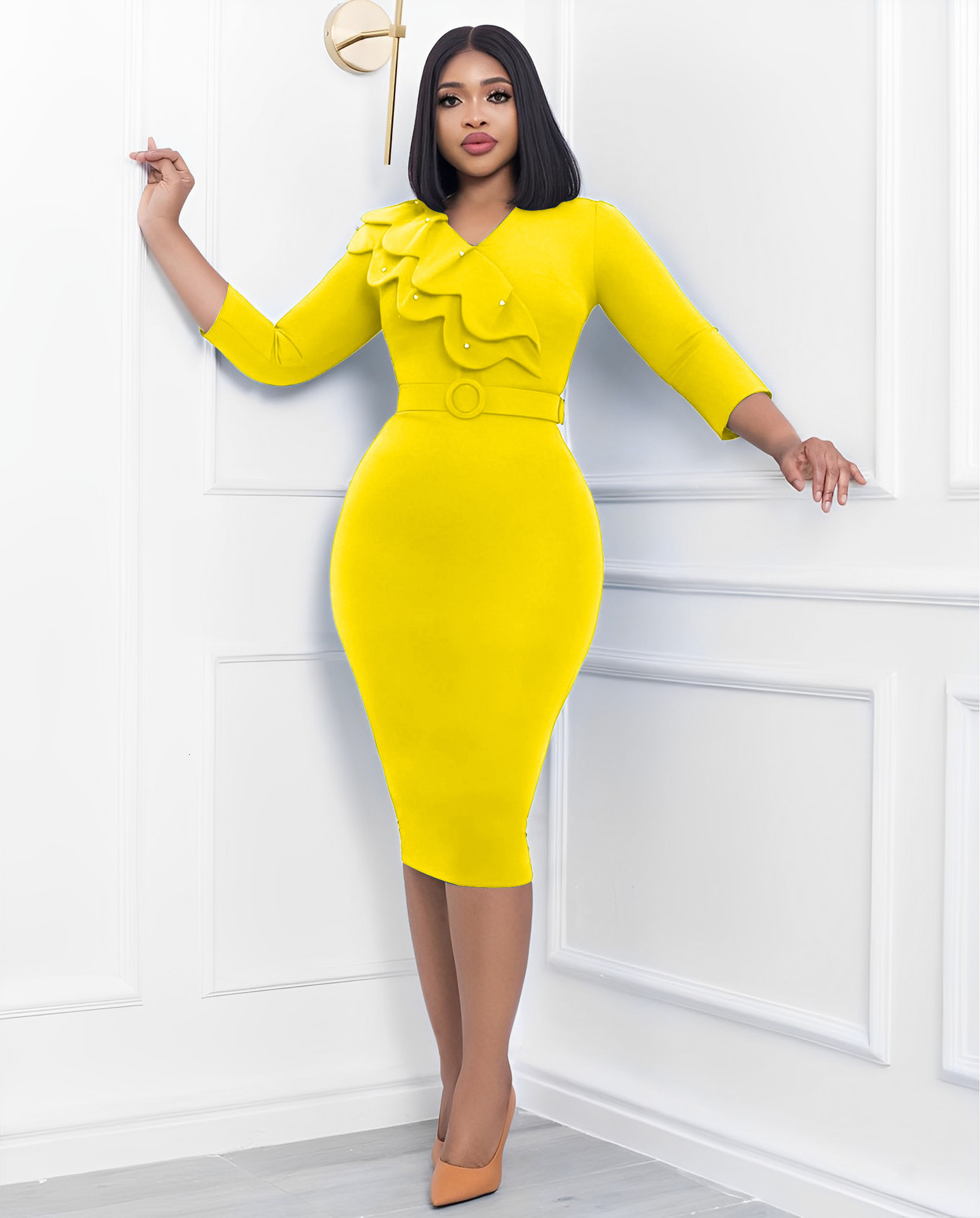 Party Dresses Autumn And Winter Fashion Women's Solid V-Neck Long Sleeve Pencil Elegant Fitted 230211