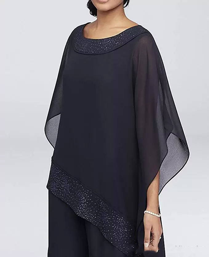 Elegant Chiffon Mother Of The Bride Pants Suits Puff Sleeves Sequin Crew Neck Women Guest Wedding Party Gowns Plus Size Groom Mothers Formal Dresses