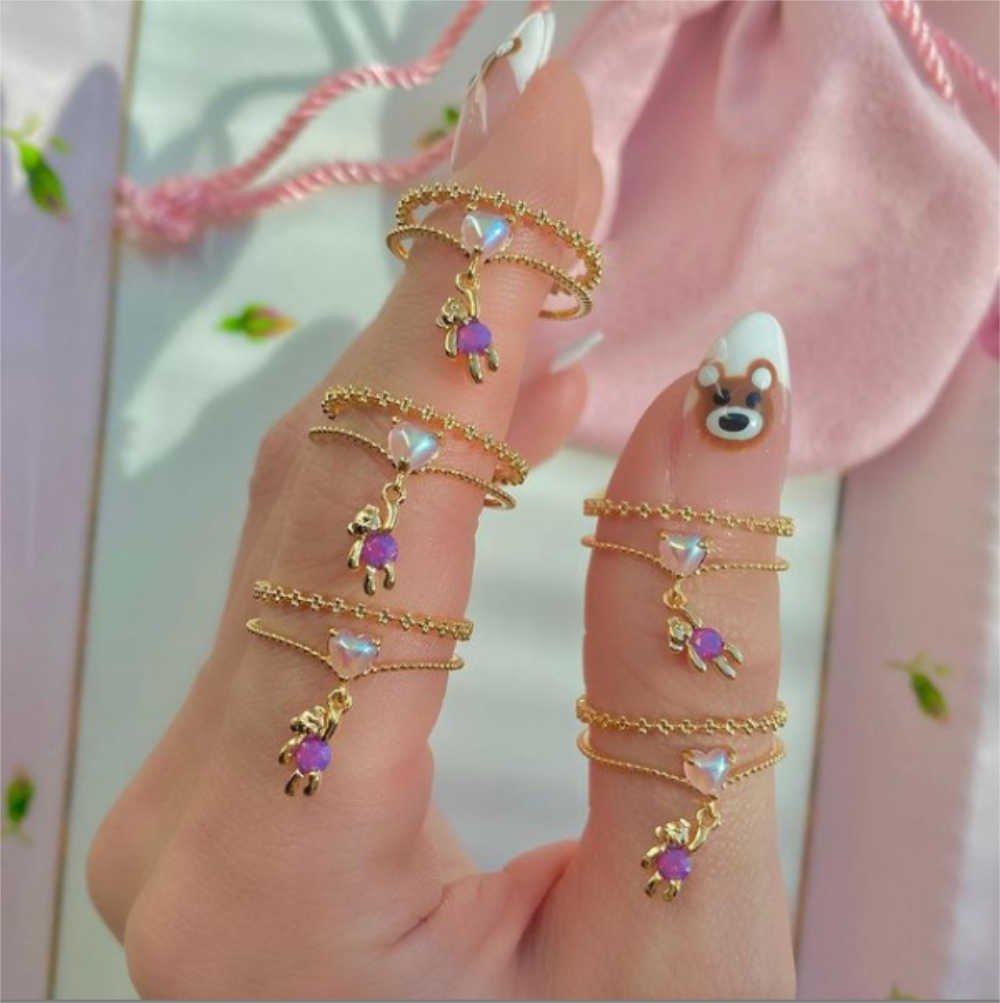 Band Rings New Ins Simple Vintage Color Zircon Love Heart Rings Animal Bear Flower Rings For Women Girls Teens Fashion Aesthetic Jewelry G230213