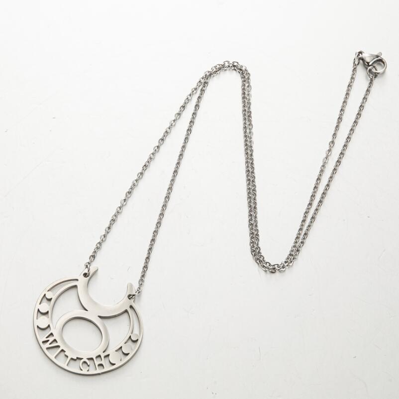 WITCH Letter The God Sign Symbol Necklace Stainless Steel Korean Minimalist Cute Hecate Moon Shape Pendant Choker Collier for Women