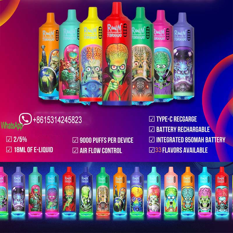 Original RandM Tornado 9000 Puffs Disposable E-cigarettes 33 Colors 2% 5% 650 mAh Rechargeable Battery 18Ml Prefilled Pod Big Vapor Kit Airflow Control Mesh Coil