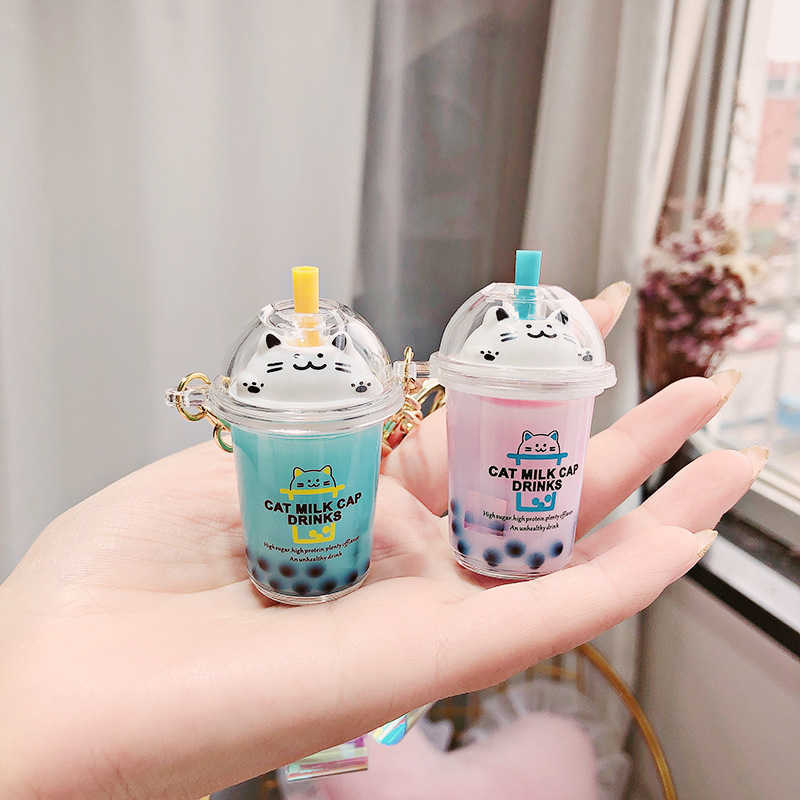 Key Rings Cartoon Cute Cat Keychain Milk Tea Cup Liquid Quicksand Sequin Key Ring Charm Bag Car Pendant Key Chain for Women Men Kids G230210