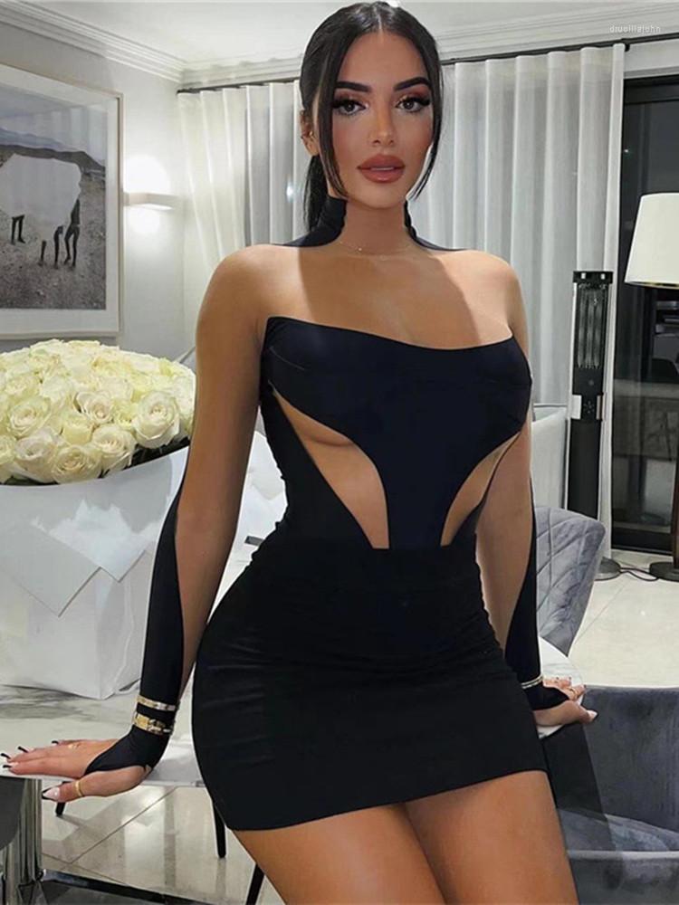 Casual Dresses Hirigin Fall Fashion Mesh Patchwork For Women 2023 O Neck Long Sleeve Dress Club Outfits Black Bodycon Mini Female