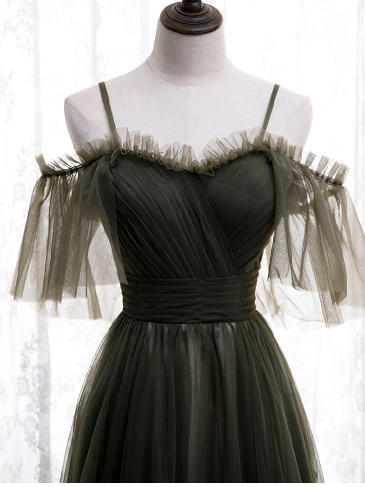 Evening Dress Spaghetti Straps Olive Tulle Short Sleeves Floor Length Custom Handmade Bridesmaid Formal Evening Dress Womens Prom Party Dresses