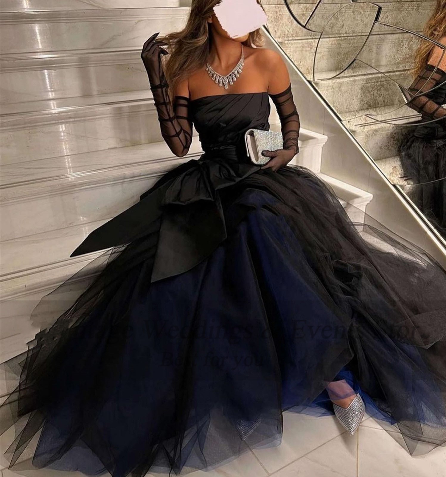 Black Saudi Arabia Prom Dresses 2023 Tulle Satin Pleats Bow Strapless Long Evening Formal Gown Vestidos De Feast