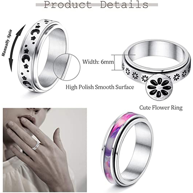 Anxiety Fidget Spinner Rings for Men Male Black Stainless Steel Spinning Rotate Ring for Women Anti Stress Accessories Jewelry