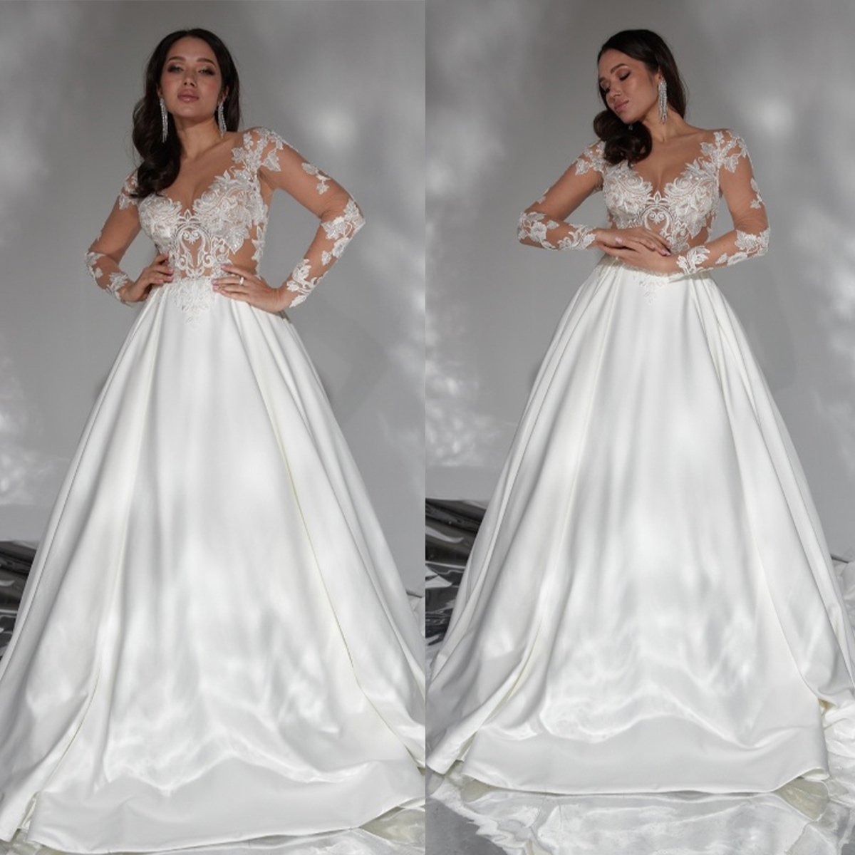 Elegant A-line Wedding Dresses Deep V-neck Satin Applicants Transparent Long Sleeves Backless Court Gown Custom Made Plus Size Soft Bridal Dress Vesti