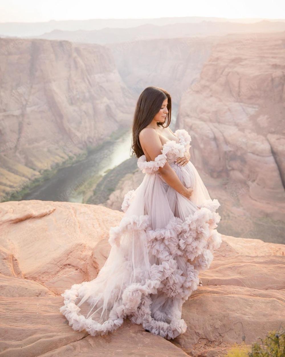2023 Prom Dresses Ruffles Tulle Kimono Women Robe for Photoshoot Off Shoulder Evening Gowns African Cape Cloak Maternity Dress Photography Tiered Floo