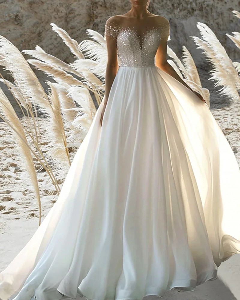 Beach Formal Organza Wedding Dress A-Line Short Sleeve Illusion Neck Crystal Beading Bridal Gown Vestidos De Novia Custom Made Robe De Mariage