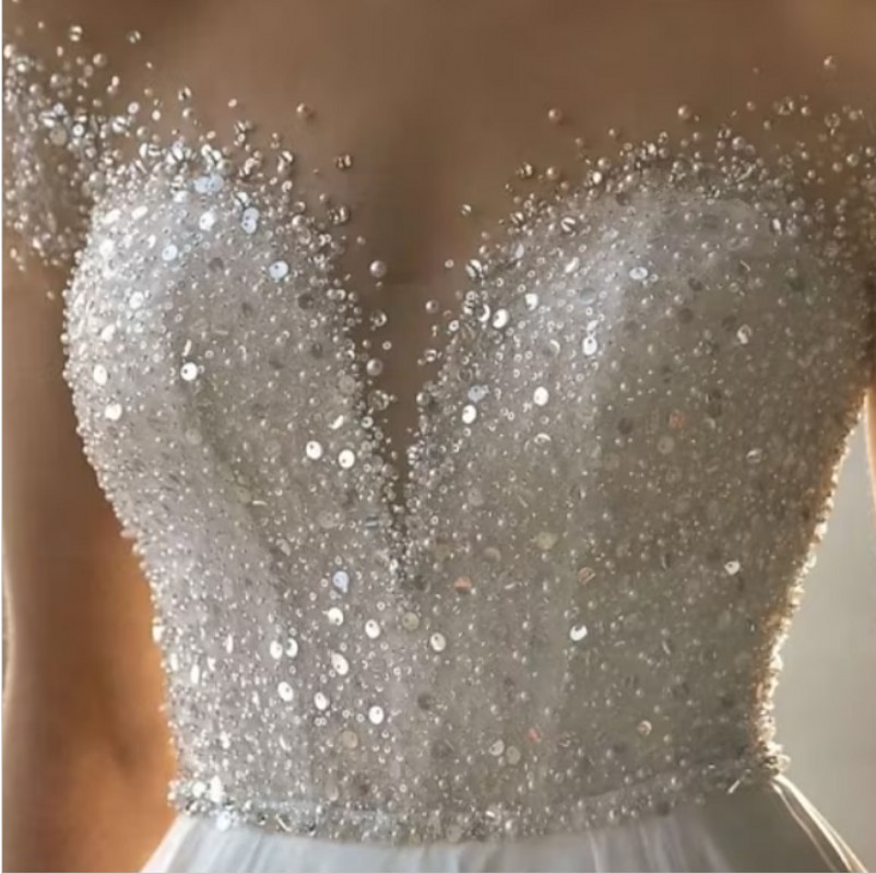 Beach Formal Organza Wedding Dress A-Line Short Sleeve Illusion Neck Crystal Beading Bridal Gown Vestidos De Novia Custom Made Robe De Mariage