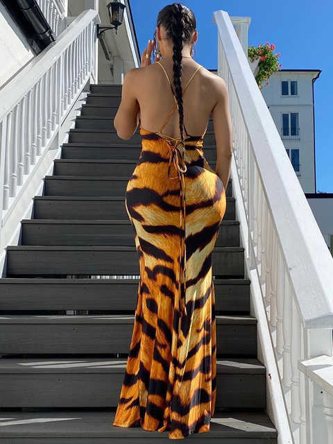 Party Dresses Hugcitar Tiger Print Sleeveless Backless Bandage Slips Maxi Dress Sexy Bodycon Summer Fashion Clothes Streetwear Party Wholesale T230210