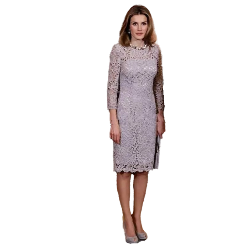 Elegant Knee Length Mother Of The Bride Dresses Sheath Lace Long Sleeves Wedding Party Gowns Jewel Neck Groom Mom Light Gray Formal Evening Wear