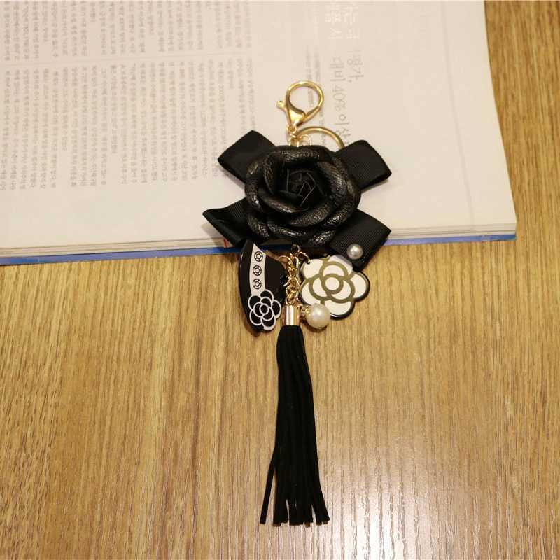 Key Rings Korean Version Of PU Leather Tassel Keychain Camellia Bag Pendant Car Key Ring Mobile Phone Shell Decoration G230210