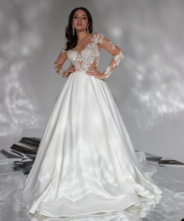 Elegant A-line Wedding Dresses Deep V-neck Satin Applicants Transparent Long Sleeves Backless Court Gown Custom Made Plus Size Soft Bridal Dress Vesti