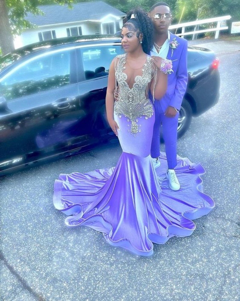 Aso Ebi Lilac Velvet Evening Dress 2023 With Beaded O Neck Plus Size Mermaid Prom Dresses For Black Girls Luxury Formal Party African Formal Dress Eng